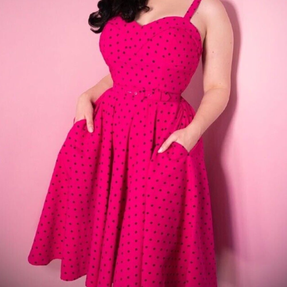 LARGE  NWT L Vixen by Micheline Pitt MANEATER SWING DRESS IN HOT PINK POLKA DO…